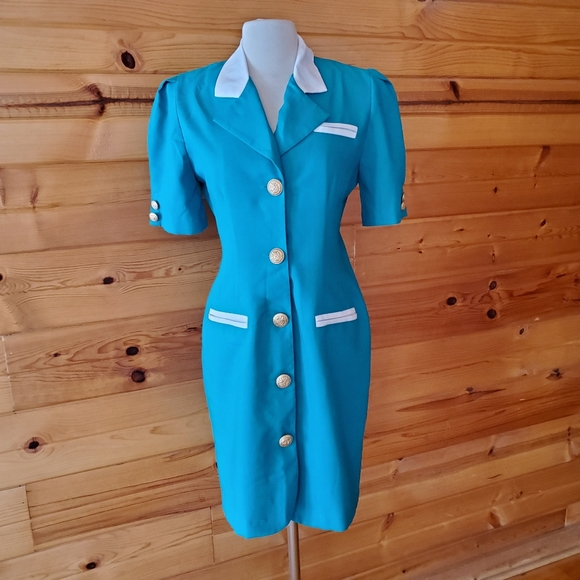 Vintage Dresses & Skirts - 1980s Danny & Nicole Teal & White Suit Dress